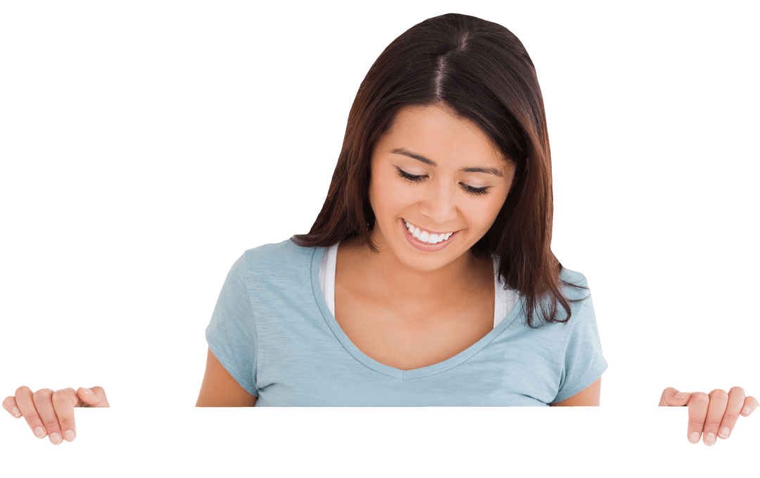 Smiling Woman Holding Transparent Blank Card Space