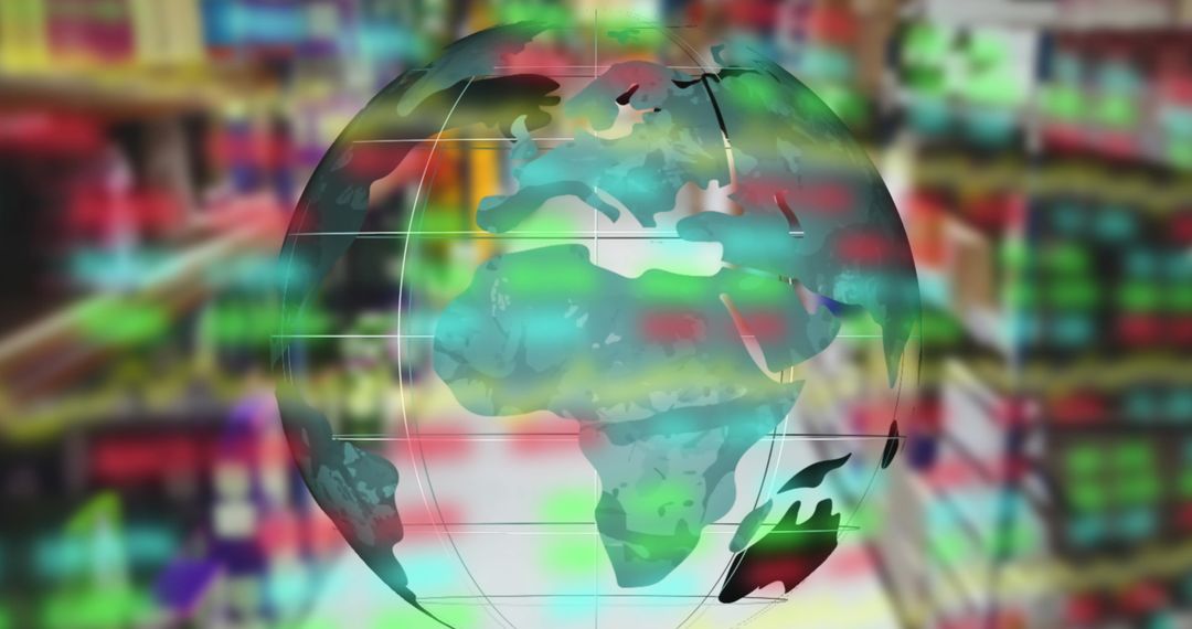 Digital Globe Overlay on Supermarket Aisle Symbolizing Global Commerce