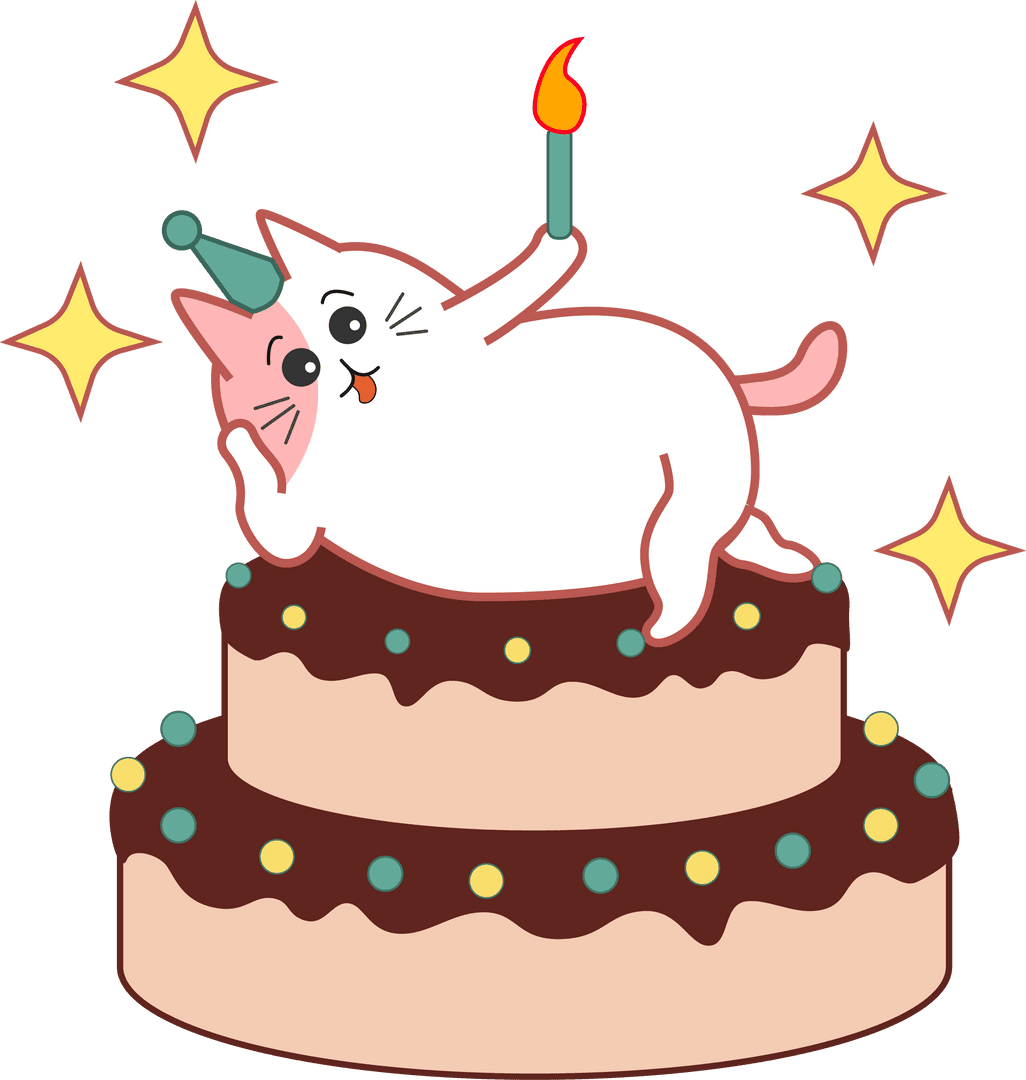 Transparent Design Cat Relaxing on Birthday Cake Illustration