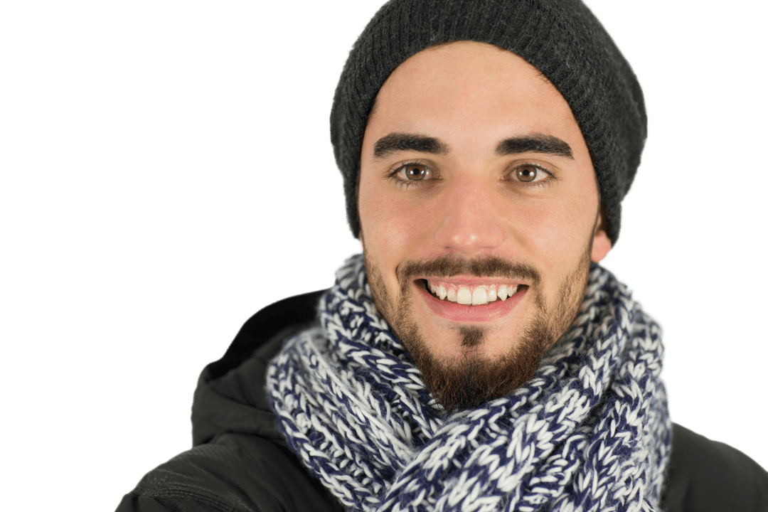 Smiling Caucasian Man in Winter Attire Transparent Background