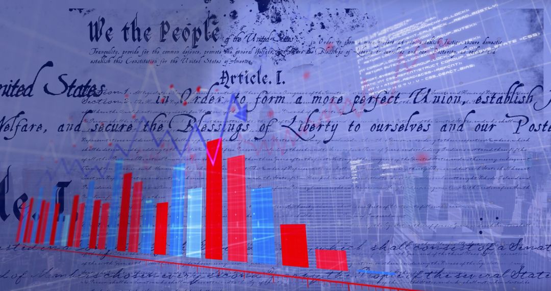 Financial Growth Graph Over U.S. Constitution and Cityscape Overlay