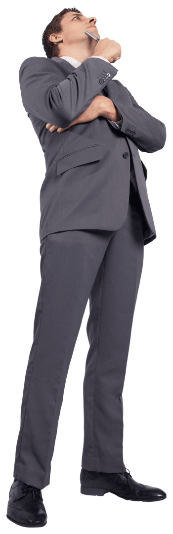 Transparent Businessman in Thoughtful Pose Holding Pen