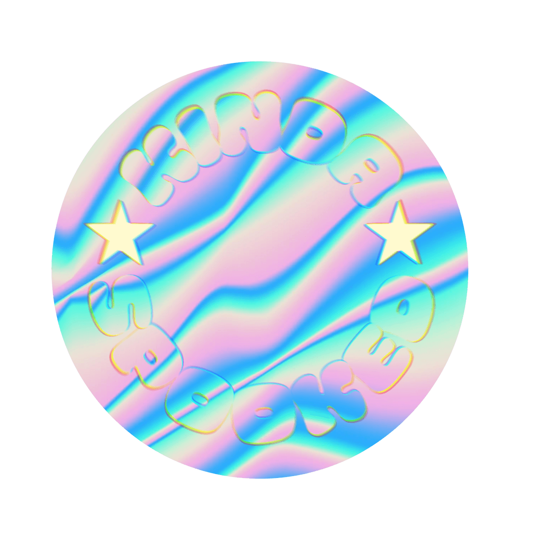 Transparent Holographic Badge with Stars and Swirling Text