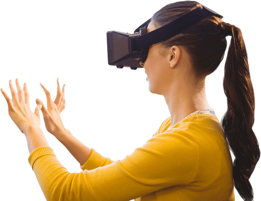 Caucasian Woman Engaged in Virtual Reality Using VR Headset Transparent