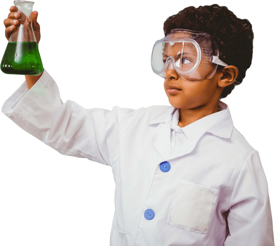 Curious Boy Conducting Experiment Holding Flasks Wearing Goggles