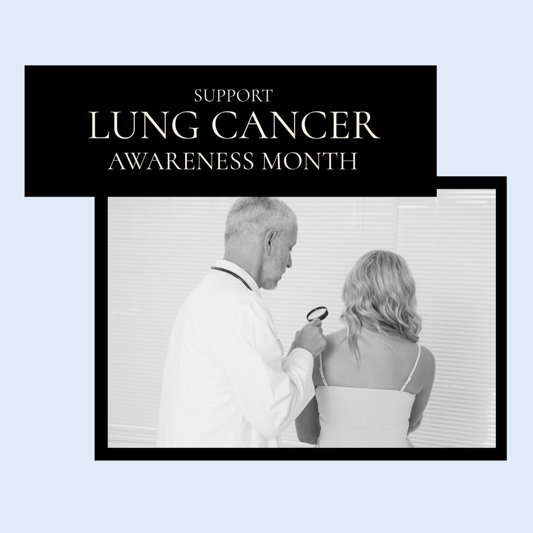 Image of lungs cancer awareness concept over photos with caucasian male doctor and patient - Download Free Stock Templates Pikwizard.com
