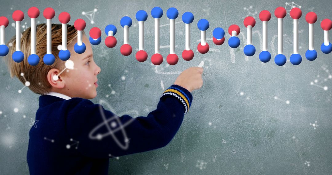 Young Boy Engaging in DNA and Scientific Concepts on Chalkboard