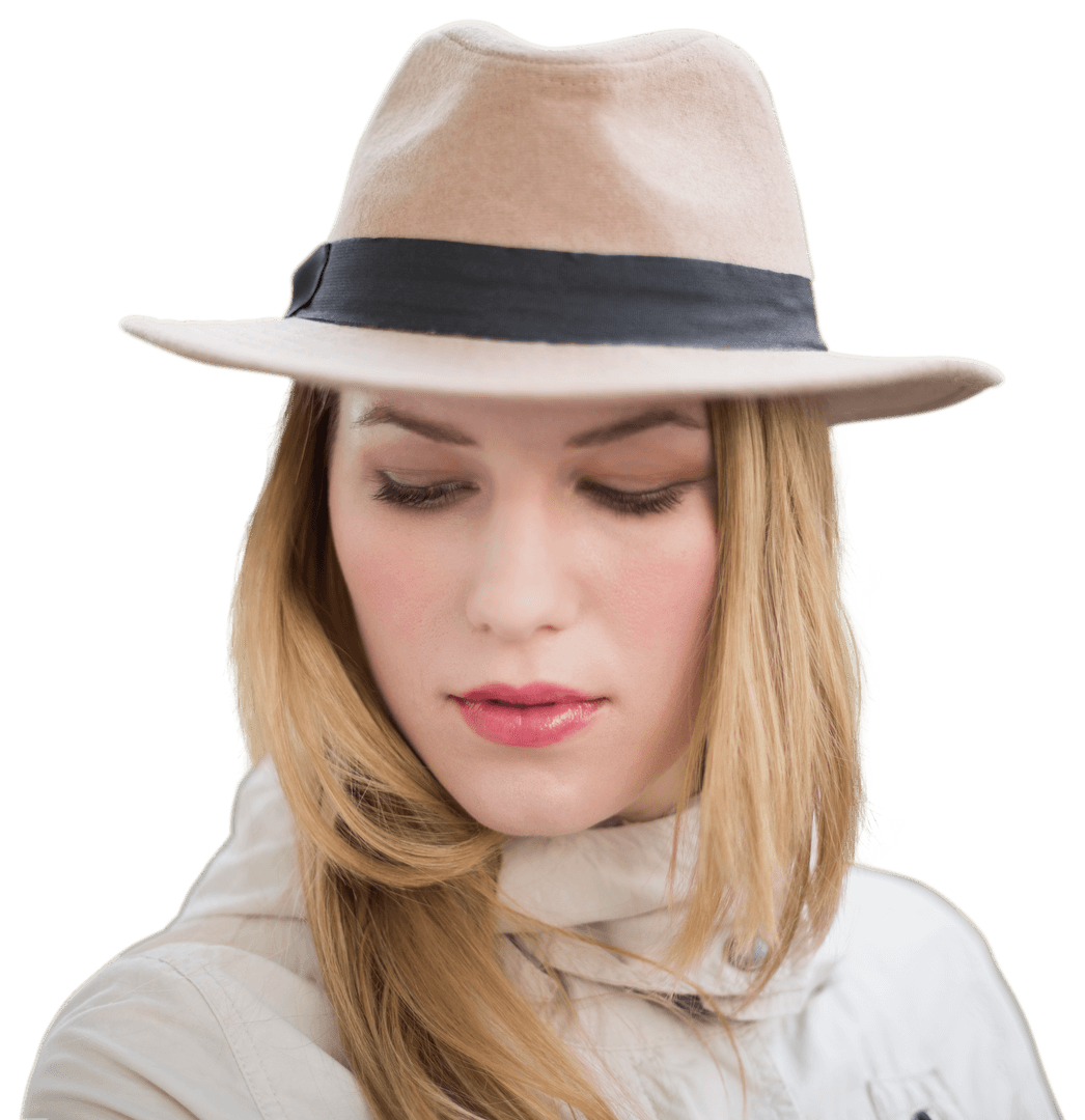 Caucasian Woman in Stylish Hat with Transparent Background