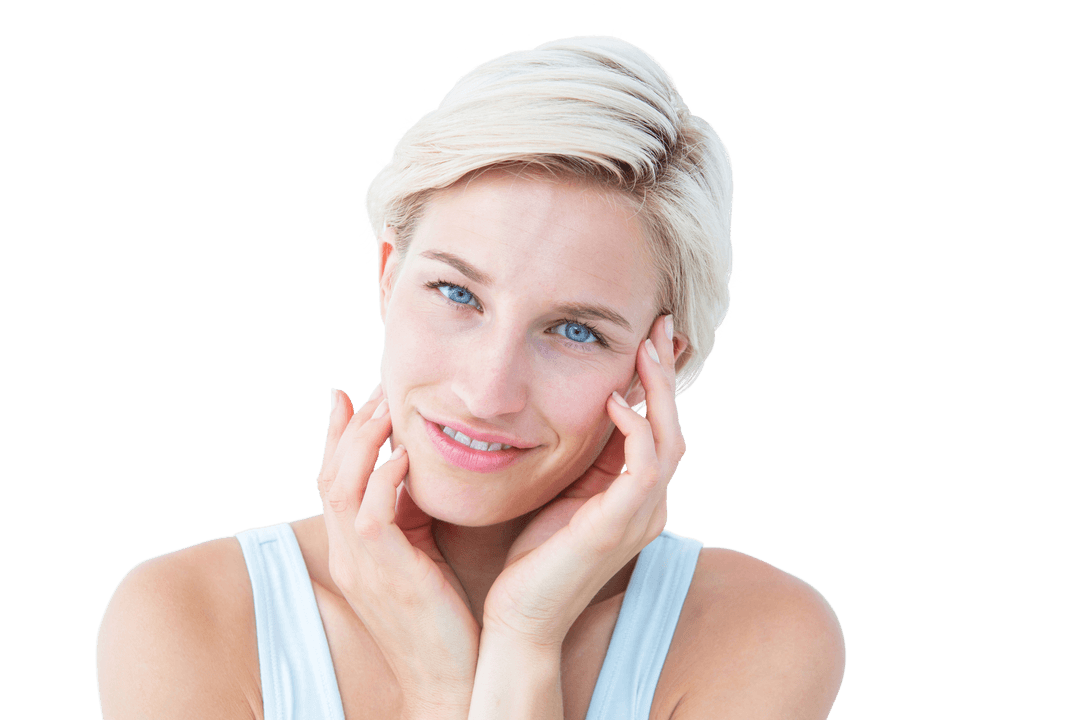 Smiling Blonde Woman with Hands on Cheeks Transparent Background