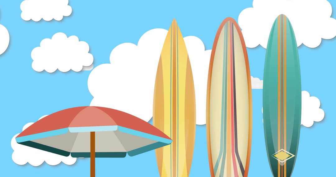 Colorful Surfboards and Beach Umbrella with Clouds