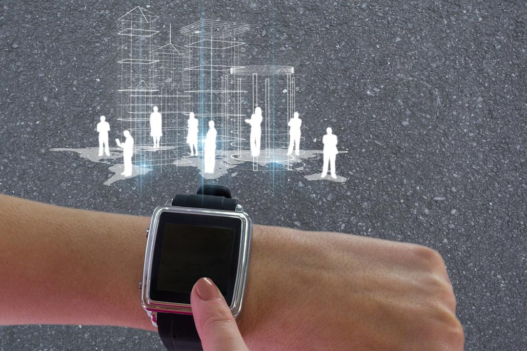 Finger Touching Smart Watch with Holographic People - Free Images, Stock Photos and Pictures on Pikwizard.com