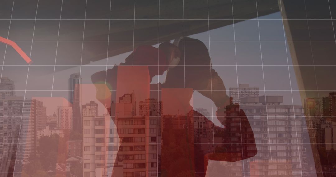 Silhouette Hiker Overlaid on Financial Graphs with Cityscape