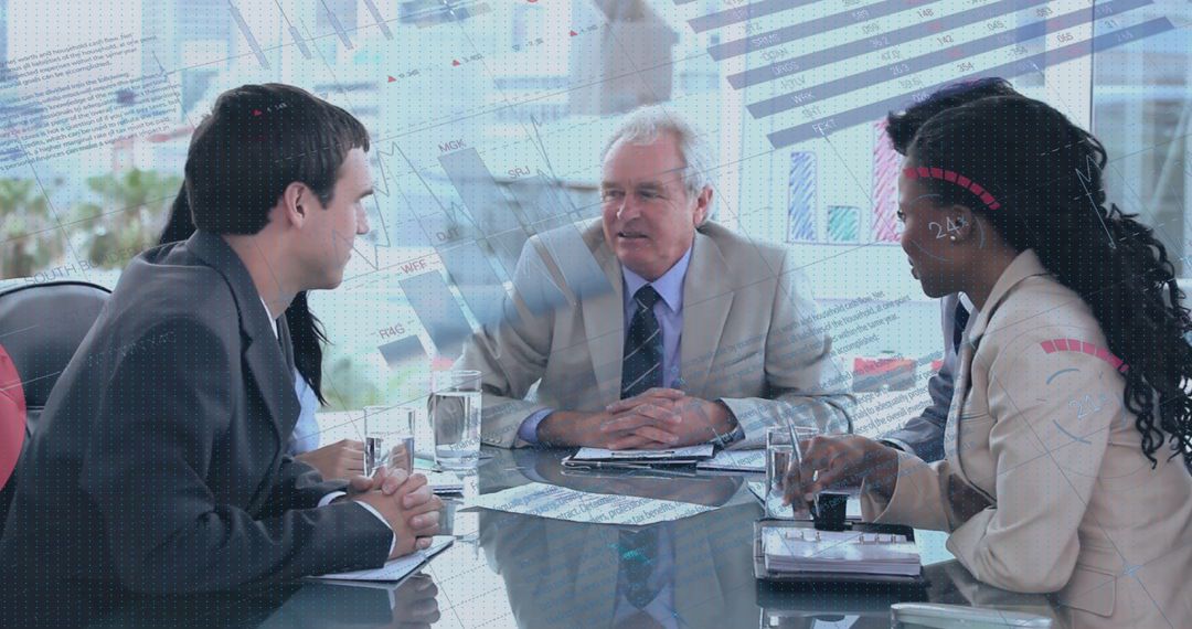 Business Team Analyzing Data with Infographic Interface