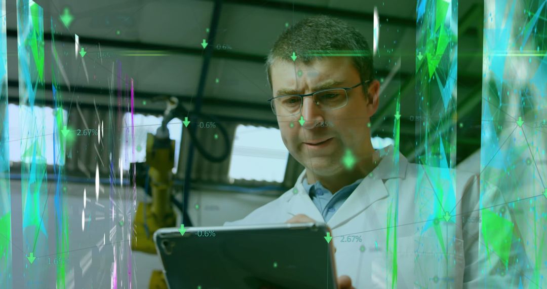 Engineer Analyzing Industrial Data with Modern Technology Overlay