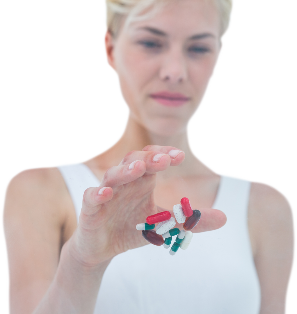 Blond Woman Discarding Bunch of Pills on Transparent Background - Download Free Stock Images Pikwizard.com