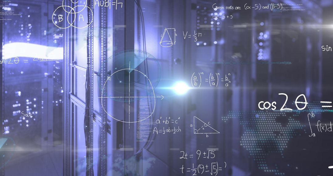 Futuristic Data Center with Floating Mathematical Formulas