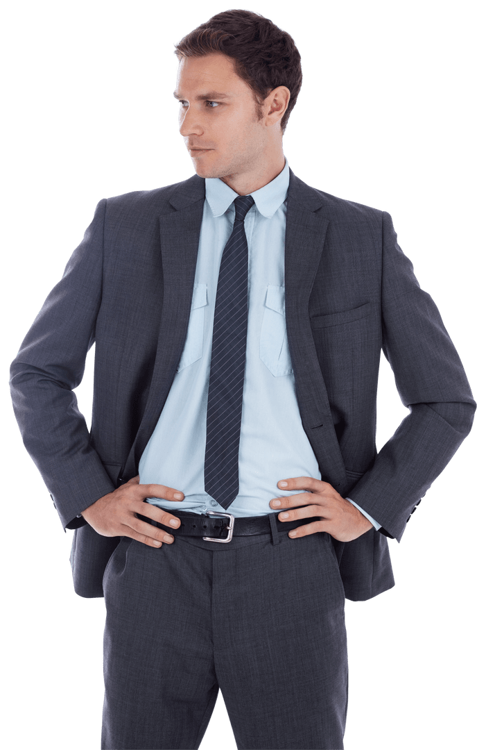 Confident Businessman in Suit with Hands on Hips Pose on Transparent Background