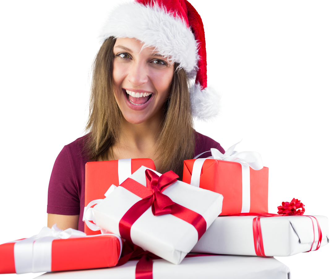 Smiling Woman in Santa Hat Holding Gift Pile with Transparent Background - Download Free Stock Images Pikwizard.com