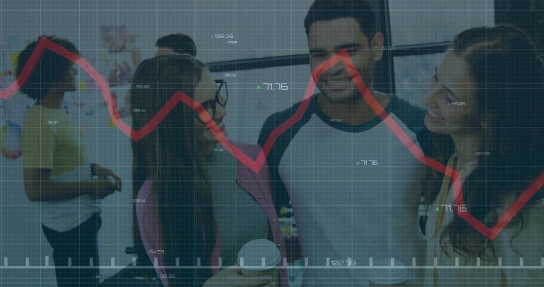 Young coworkers brainstorming and socializing in casual office with red graph overlay