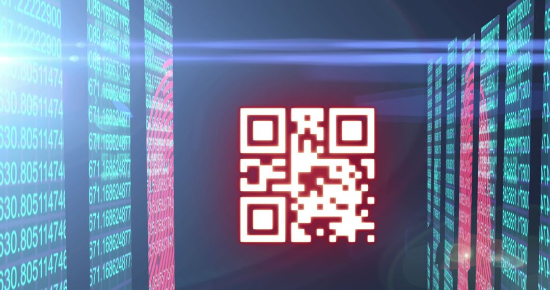 Illuminated QR Code Amid Digital Data Stream