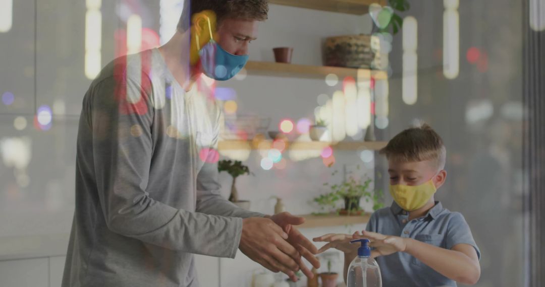 Father and Son Practicing Hand Hygiene with Face Masks On