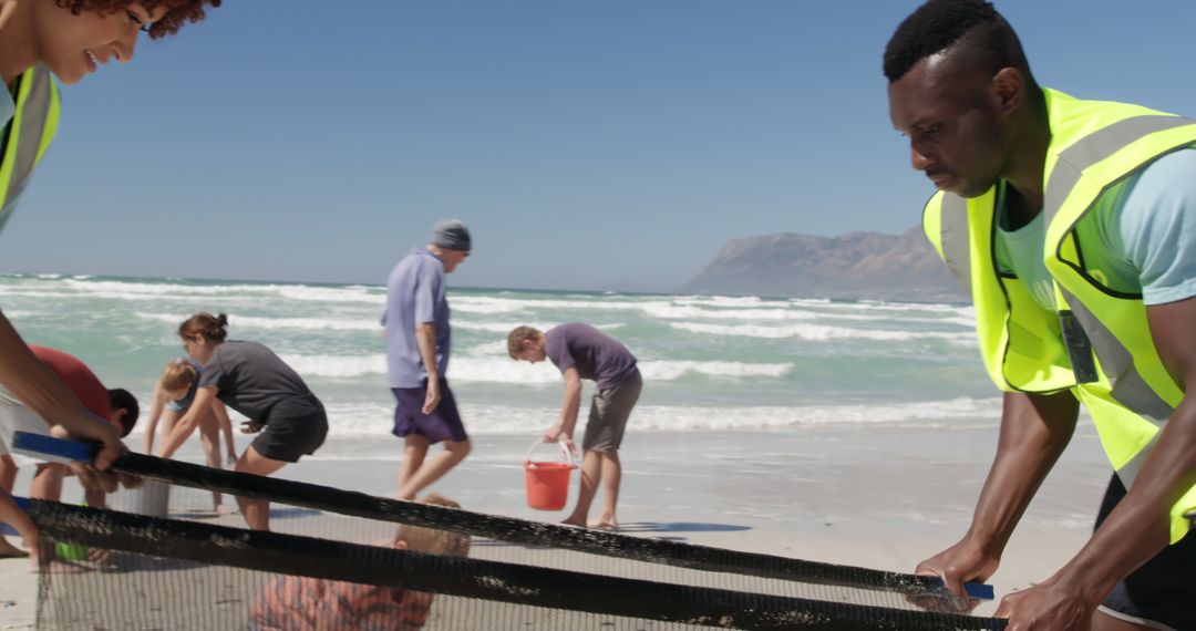 Volunteers Cleaning Up Beach Seaweed with Nets in Bright Sunlight - Free Images, Stock Photos and Pictures on Pikwizard.com