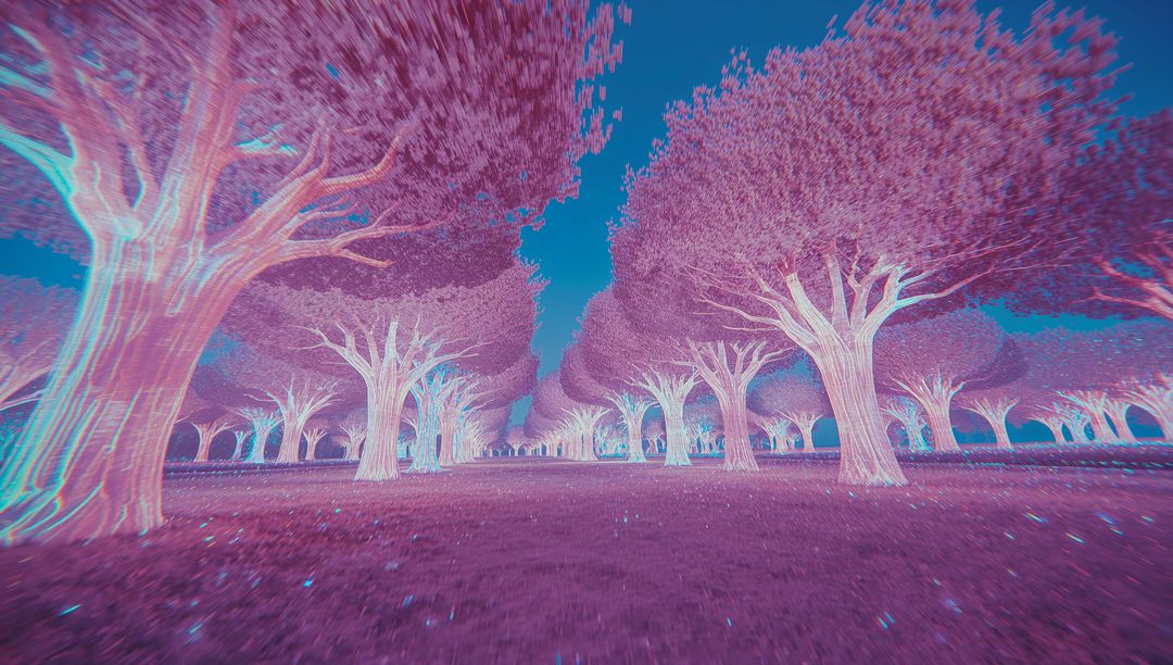 Dreamlike Row of Pink Neon Trees in Digital Landscape