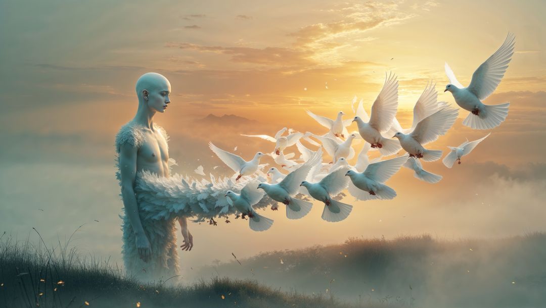 Mystical figure transcending dawn with doves, forgiveness concept