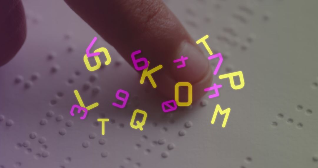 Child Touching Braille with Colorful Letters Overlay