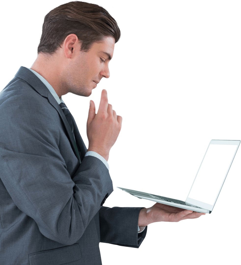 Caucasian Businessman Using Laptop on Transparent Background