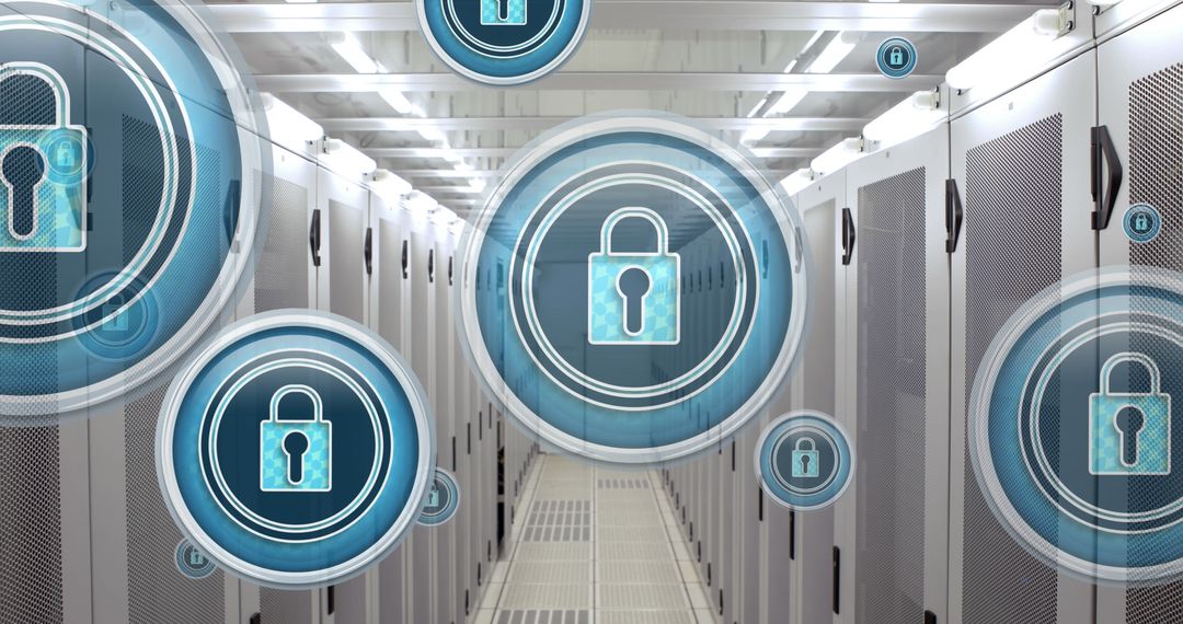 Digital Security Padlocks Over computer servers in data center