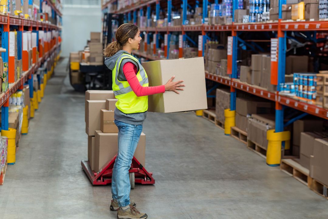 Worker Organizing Boxes in Large Warehouse Aisle
