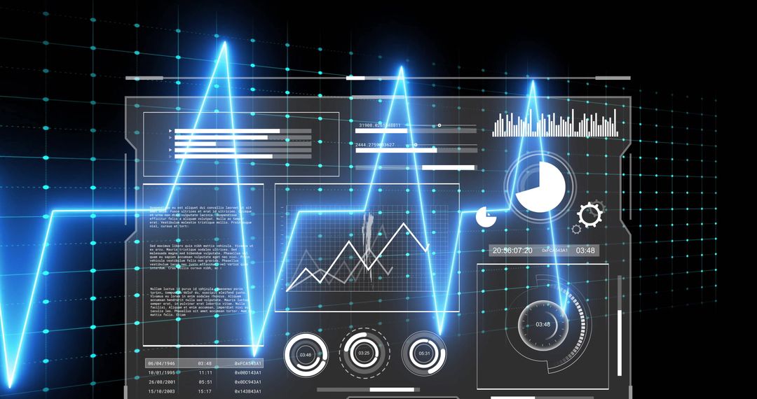 Futuristic Digital Dashboard with Neon Blue Waveforms and Charts
