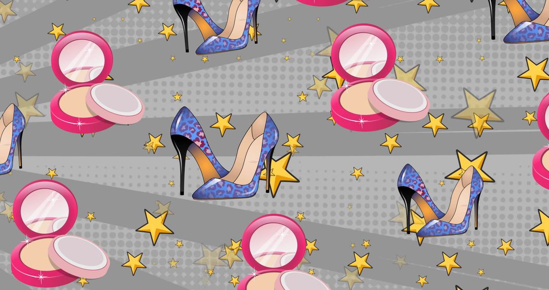 Seamless Pattern with Blue High Heels, Powder Compacts, and Stars on Grey Collect Setting Background - Free Images, Stock Photos and Pictures on Pikwizard.com