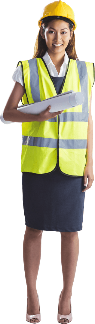 Transparent Professional Female Architect with Helmet and Plans