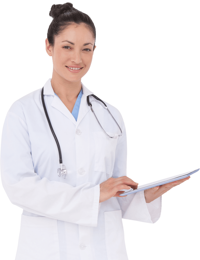 Confident Female Doctor Using Tablet with Transparent Background
