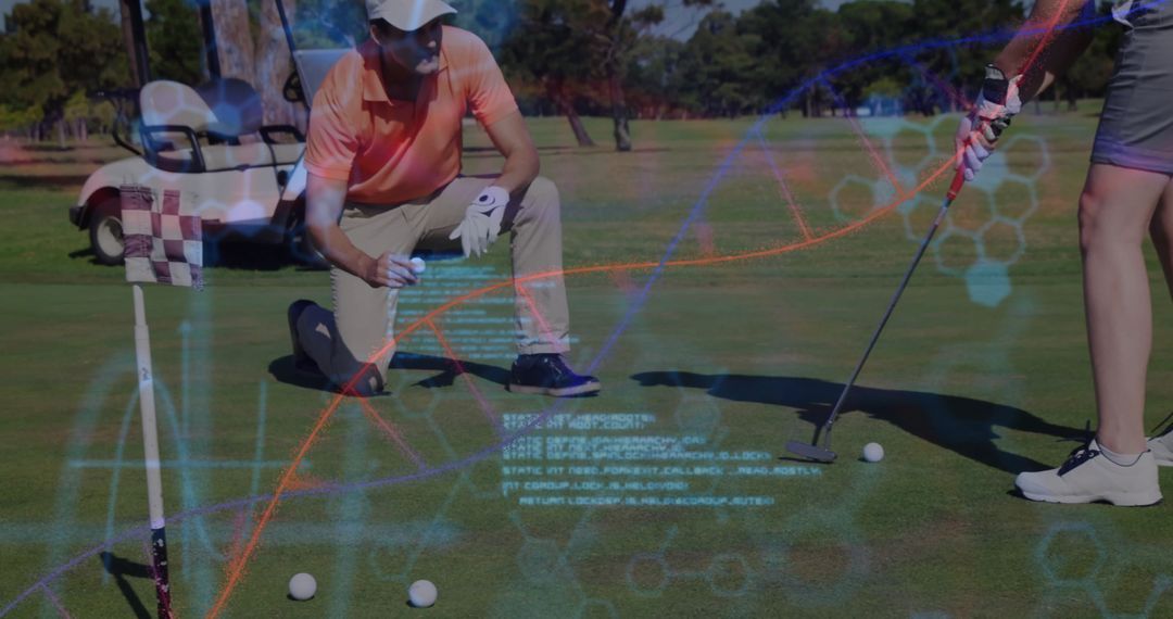 Instructor Aligning Putt with Innovative Data Analytics Overlay