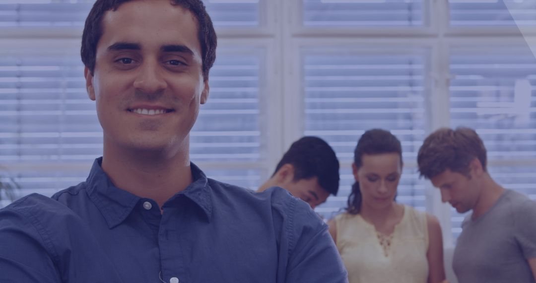 Confident Professional Smiling, Team Collaborating in Background