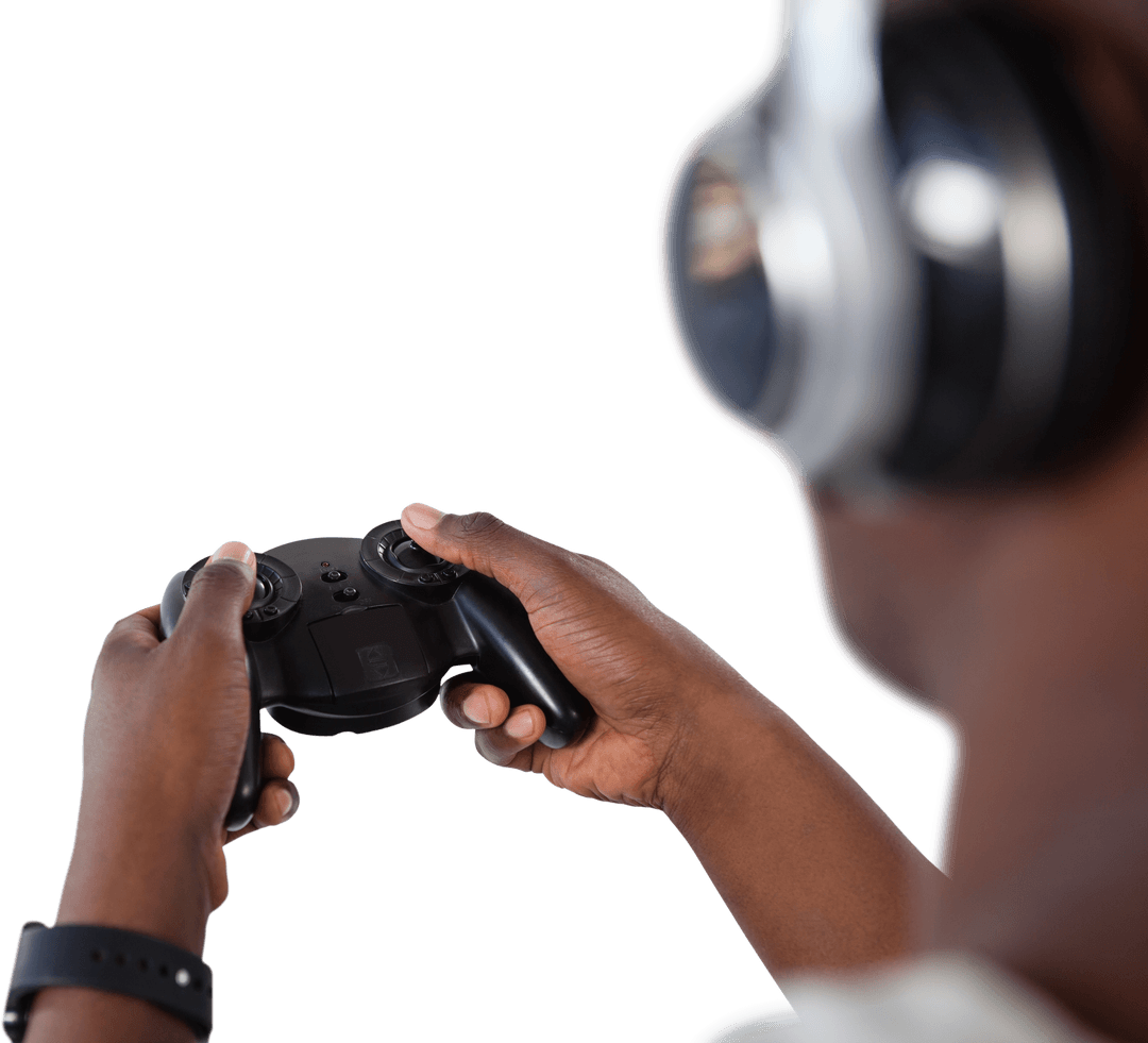 Transparent Close-up of Gamer Holding Controller and Headphones