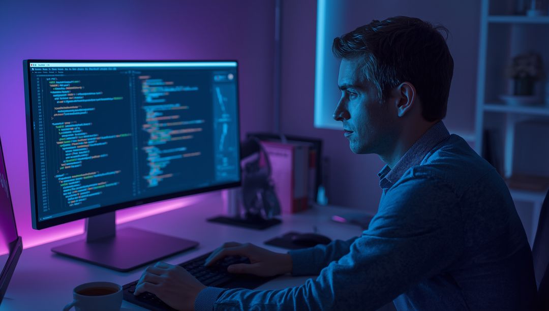 Dedicated Developer Coding in Nighttime Home Office Environment
