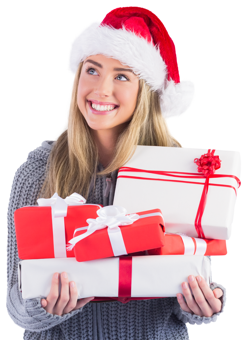 Smiling Woman with Santa Hat Holding Transparent Christmas Gifts - Download Free Stock Images Pikwizard.com