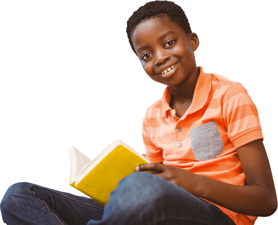 Smiling Boy Reading Book with Transparent Background