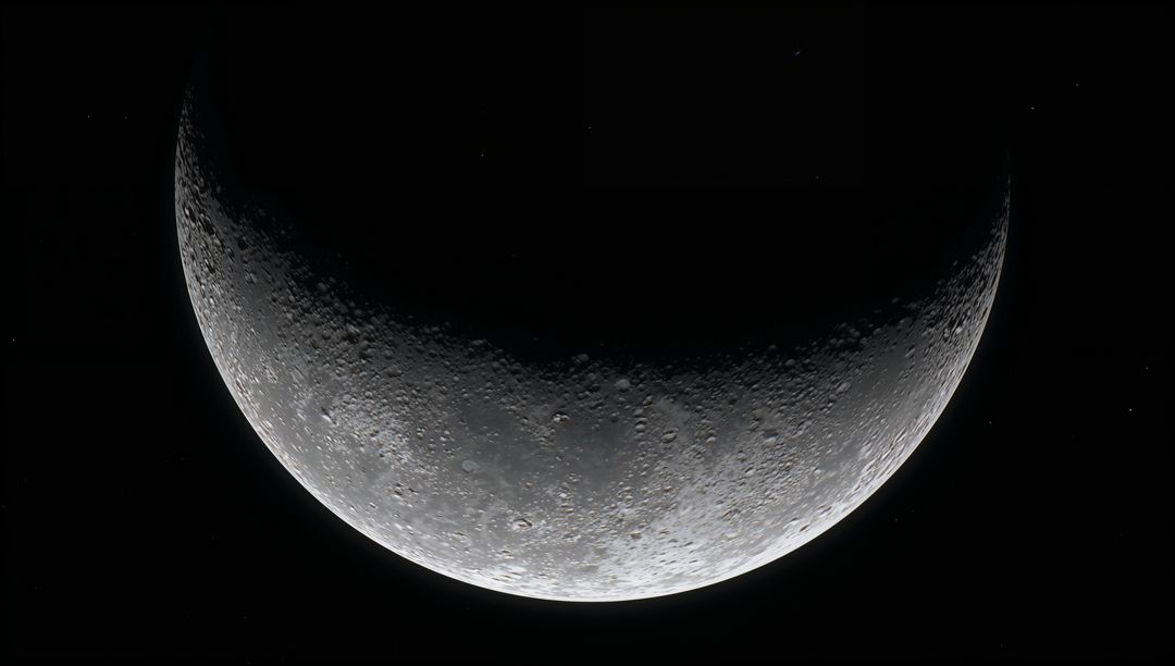 Crescent Moon Revealing Detailed Cratered Surface Along Sharp Terminator in Space