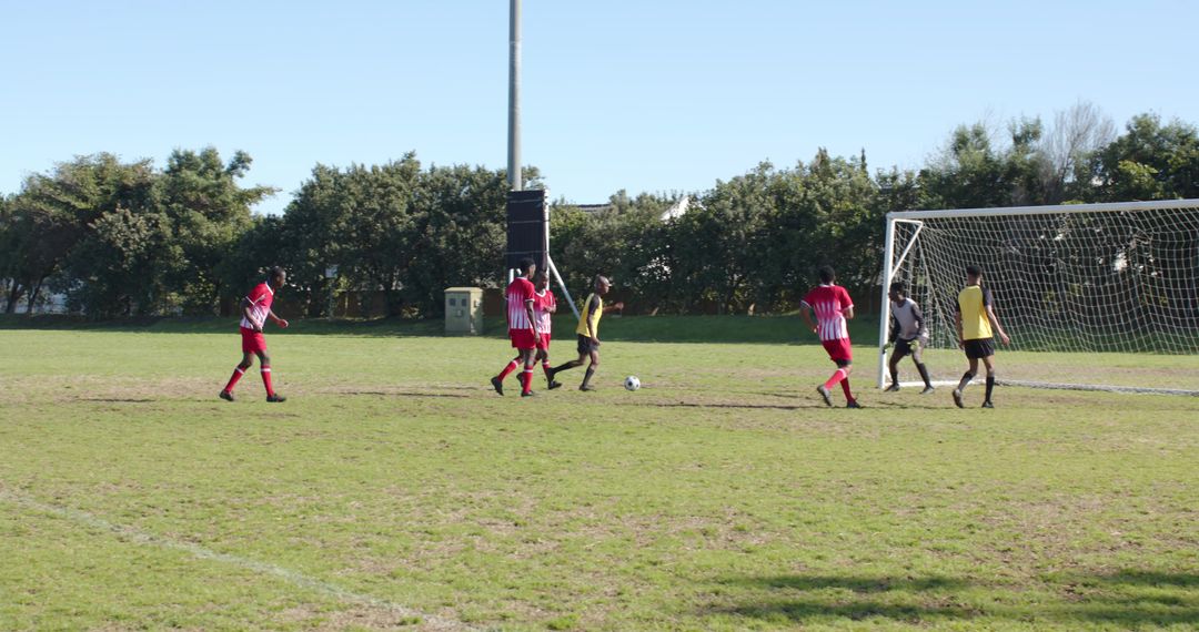 Youth Soccer Match on Sunny Day Highlighting Team Effort