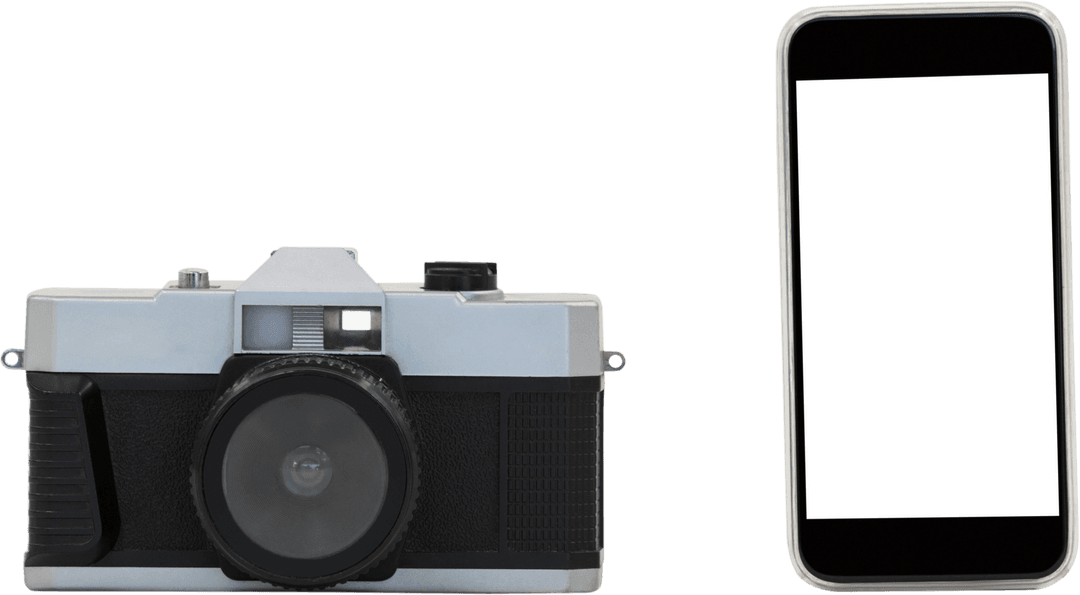 Transparent Vintage Camera and Smartphone Close-Up Contrast