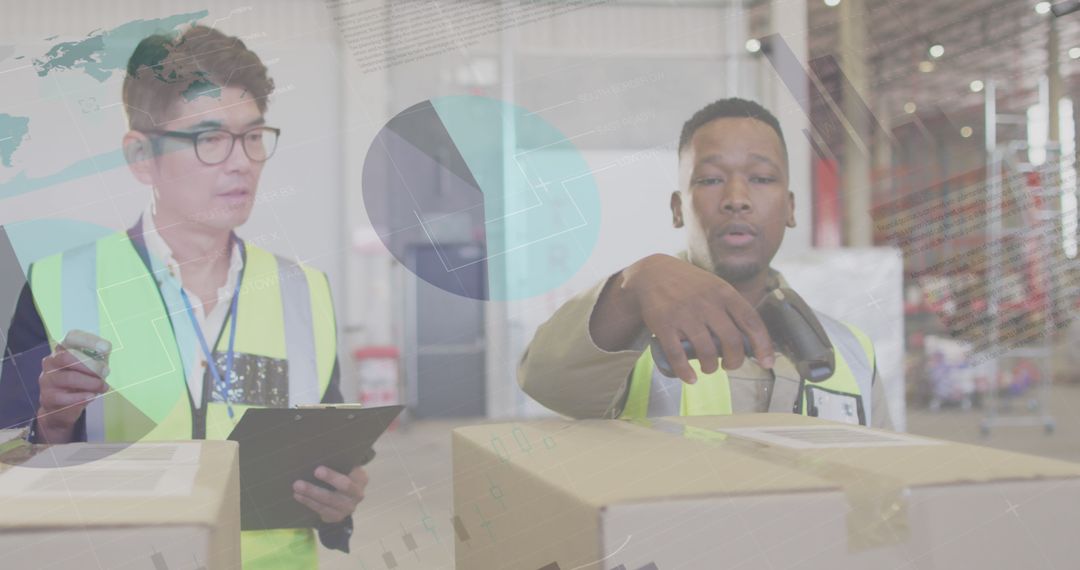 Warehouse Operations with Data Overlay Illustrating Global Shipping