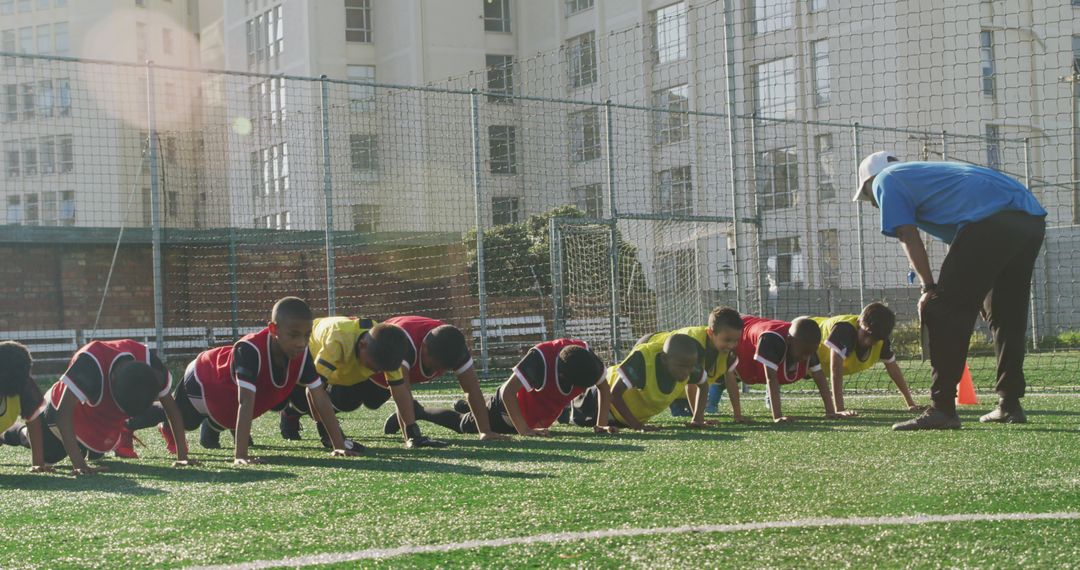 Children Practicing Push-Ups on Soccer Field - Free Images, Stock Photos and Pictures on Pikwizard.com