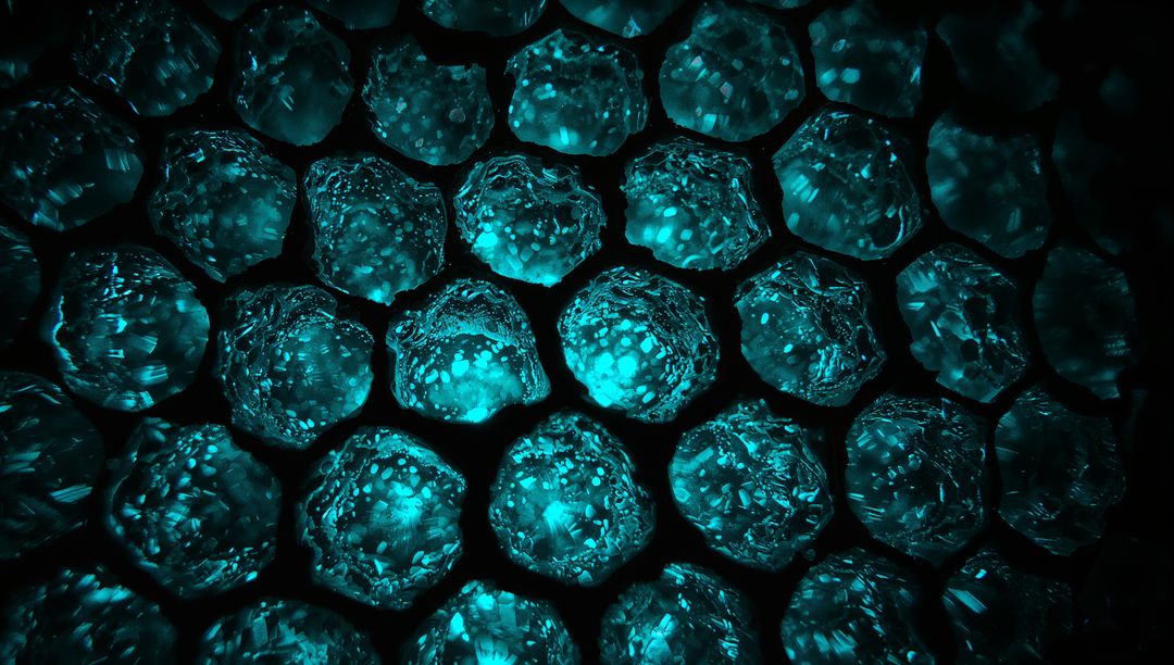Glowing hexagonal crystal honeycomb revealing teal luminescent facets in macro pattern