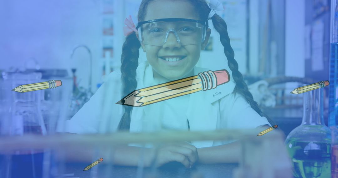 Smiling Biracial Girl in Science Lab with Pencil Graphics