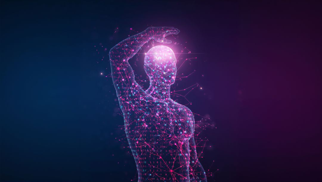 Futuristic Digital Human with Glowing Elements in Abstract 3D Space